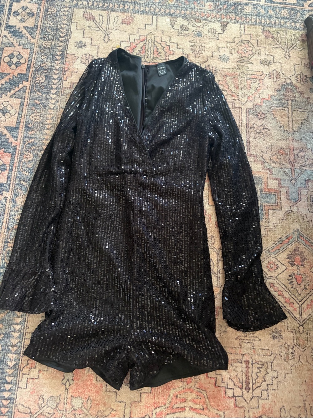 SHEIN Black Sequin V-Neck Long Sleeve Romper